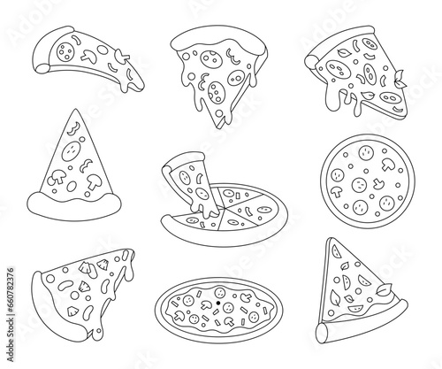 Tasty pizza. Coloring Page. Fast food. Vector drawing. Collection of design elements.