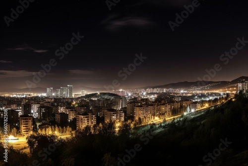 Stunning nighttime panorama showcasing Atakule in Cankaya, Ankara. Generative AI © Akio