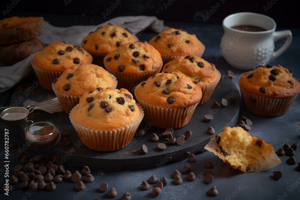 Irresistible muffins with chocolate and choco chips, perfect for chocolate lovers and snack time. Generative AI