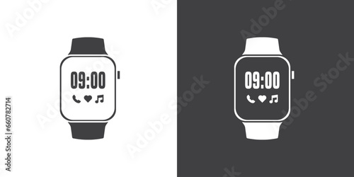 Smart watch device display with app icons, Smart watch icon in flat style. Smartwatch design symbol for apps and websites. clock icons