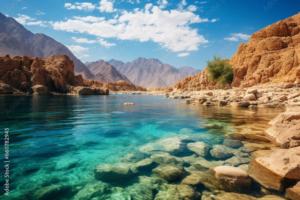 Beautiful fjord bay in Aqaba Gulf, Taba, Egypt. Generative AI