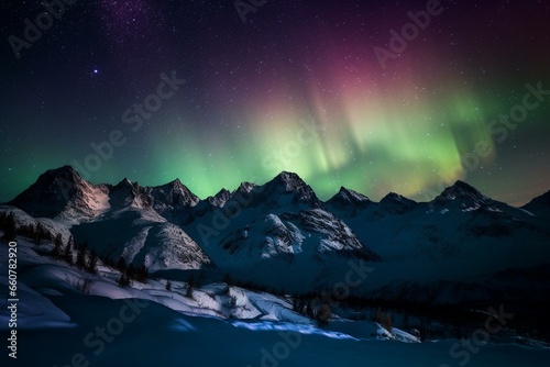 Artistic depiction of colorful aurora above snow-capped peaks. Generative AI