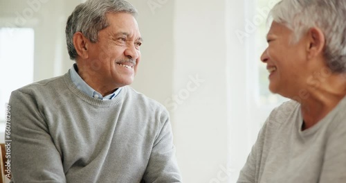 Happy senior couple talking in home with love, care and conversation together in retirement. Old man, elderly woman and communication with partner for chat, support and loyalty of trust in marriage