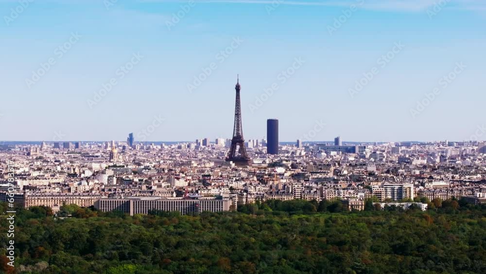 Aerial panoramic view of city center with famous tourist sights. Dominant tall steel structure of Eiffel Tower. Paris, France Aerial panoramic view of city center with famous tourist sights. Dominant tall steel structure of Eiffel Tower. Paris, France