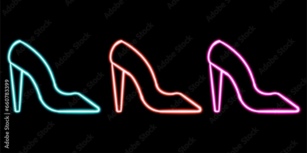 set women shoes heel glowing desktop icon, neon heel sticker, neon figure, glowing figure, neon geometrical figures 