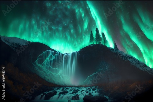 Big waterfall is on the mountain many tall trees on the right the sky is full of stars there are many aurora bands green background super realistic hyper detailed dramatic lighting 8k 
