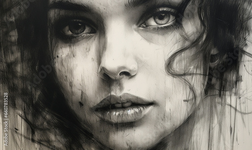 Portrait of a young woman, charcoal over paper - Generative AI
