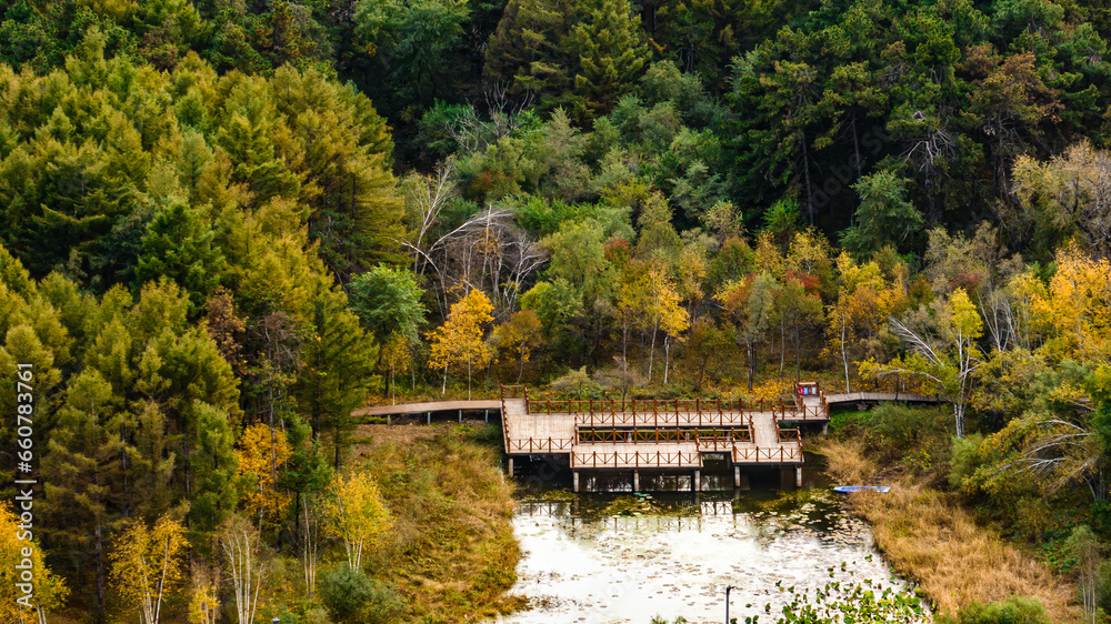 The scenery of Jingyuetan National Forest Park in Changchun, China in early autumn