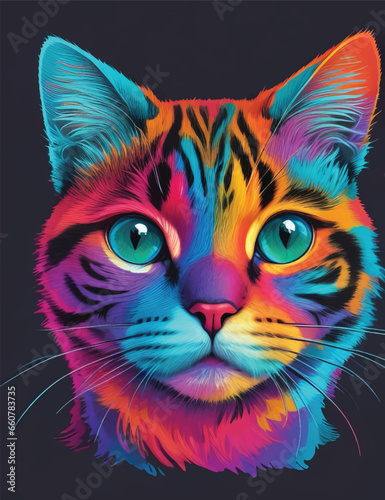 Cat face in colorful neon art design vector illustration. Technicolor Tabby: Vibrant Neon Cat Charm. © jmgdigital