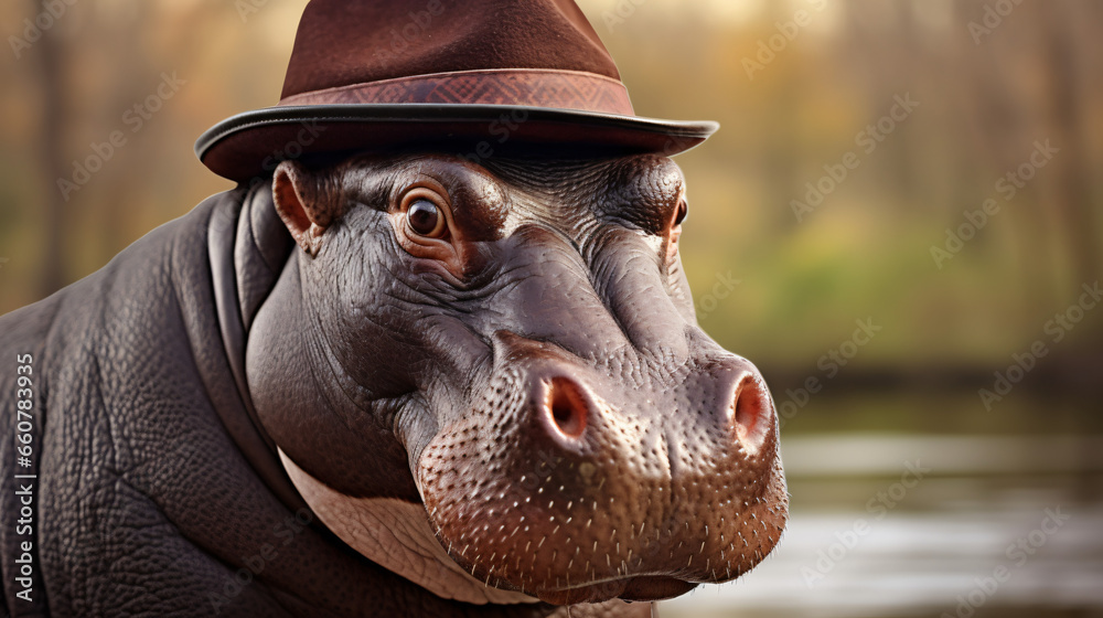 a hippo with a hat - obrazy, fototapety, plakaty 