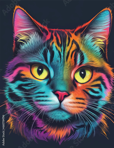 Cat face in colorful neon art design vector illustration. Luminescent Paws: Neon Cat Face Delight. © jmgdigital