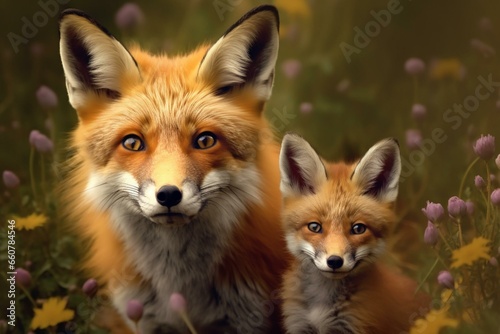 Red fox and cub together. Generative AI © Isabela