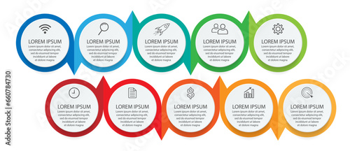 infographic template design, minimalist concept, interconnected circles with 10 steps, lines and colors in each step, good for your business presentation