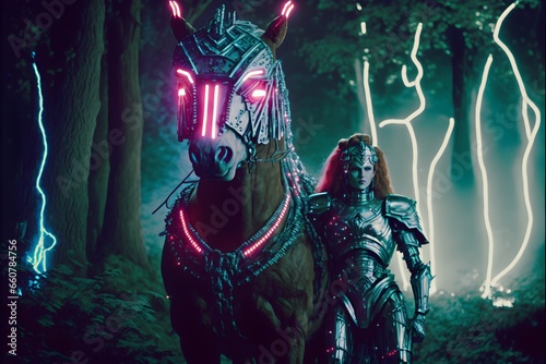 stillframe from Legend of Zelda as liveaction film teela with robot horse in forest lightning Darkfantasy 1987 neon lights  photo