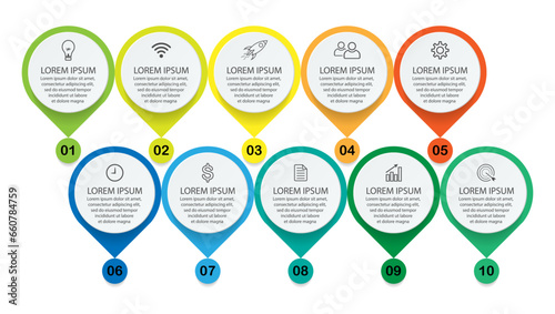 infographic template design, minimalist concept, interconnected circles with 10 steps, lines and colors in each step, good for your business presentation