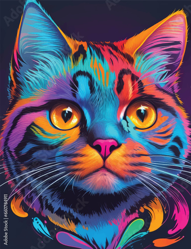Cat face in colorful neon art design vector illustration. Fluorescent Furriness: Neon Cat Face Magic. © jmgdigital