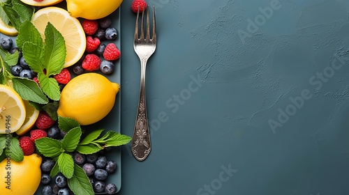 Photo of a colourful assortment of fruits and vegetables on a vibrant blue background created with Generative AI technology