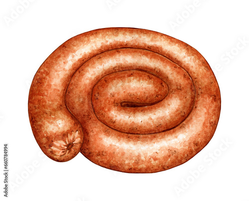 Watercolor illustration of fried snail sausage. Traditional snack for picnic, festival, Oktoberfest. Isolated on a white background. Ideal food concept, packaging design, cafe, restaurant, menu.