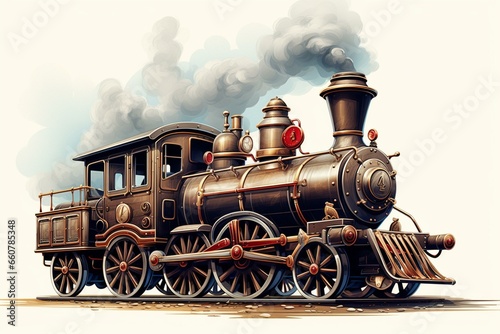 Illustration of a classic steam engine on a plain background. Generative AI