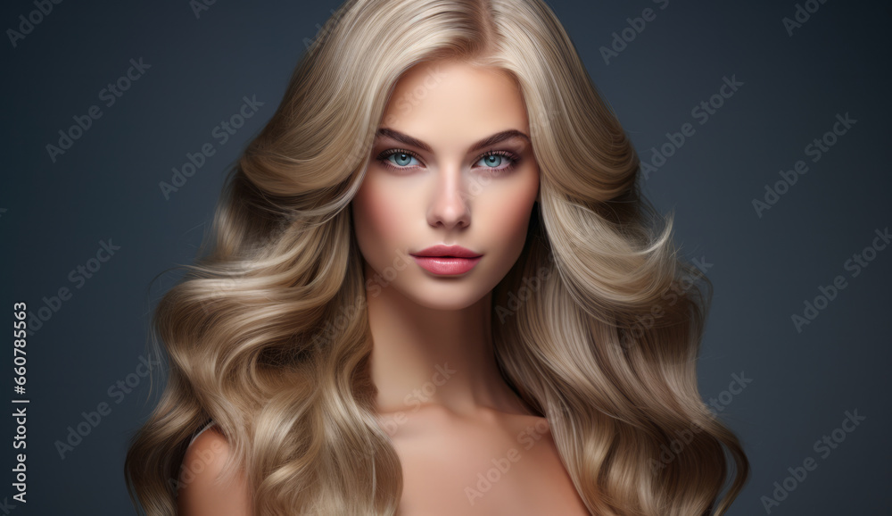 Fototapeta premium Beautiful woman with long hair on a solid background