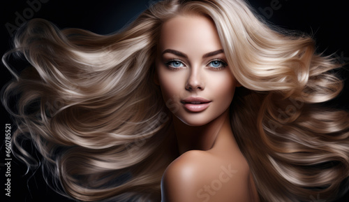 Beautiful woman with long hair on a solid background