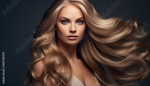 Beautiful woman with long hair on a solid background