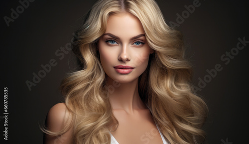 Beautiful woman with long hair on a solid background