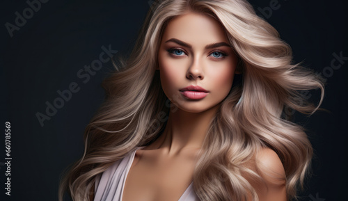 Beautiful woman with long hair on a solid background