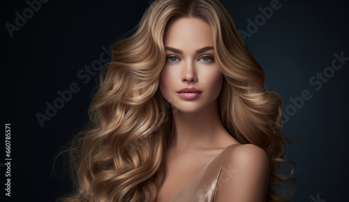 Beautiful woman with long hair on a solid background