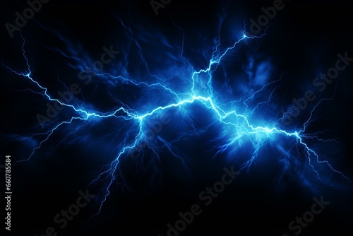 Blue lightning overlay with realistic glowing effect on black. Generative AI