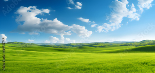 Fresh air and beautiful natural landscape of meadow with green tree in the sunny day background. Generative Ai