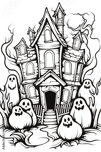 Vector coloring page or book for Halloween with spooky haunted mansion and pumpkin ghosts. Cute and scary outline drawing for holiday and kids.