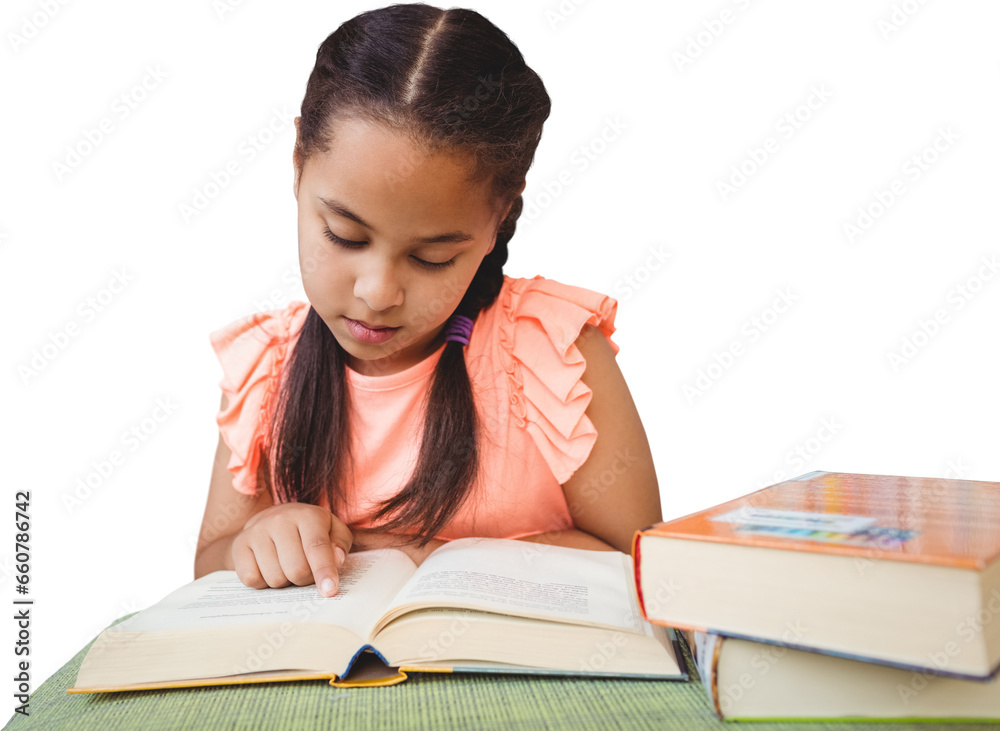 Digital png photo of biracial girl reading books on transparent background Digital png photo of biracial girl reading books on transparent background
