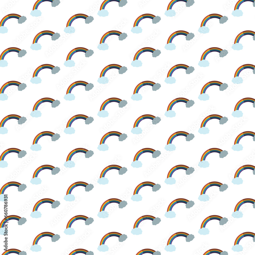 Digital png illustration of rainbows with clouds repeated on transparent background