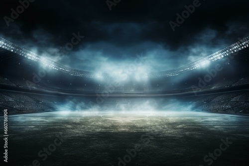 A night stadium for soccer football with spotlights and fog on the stage. Generative AI photo