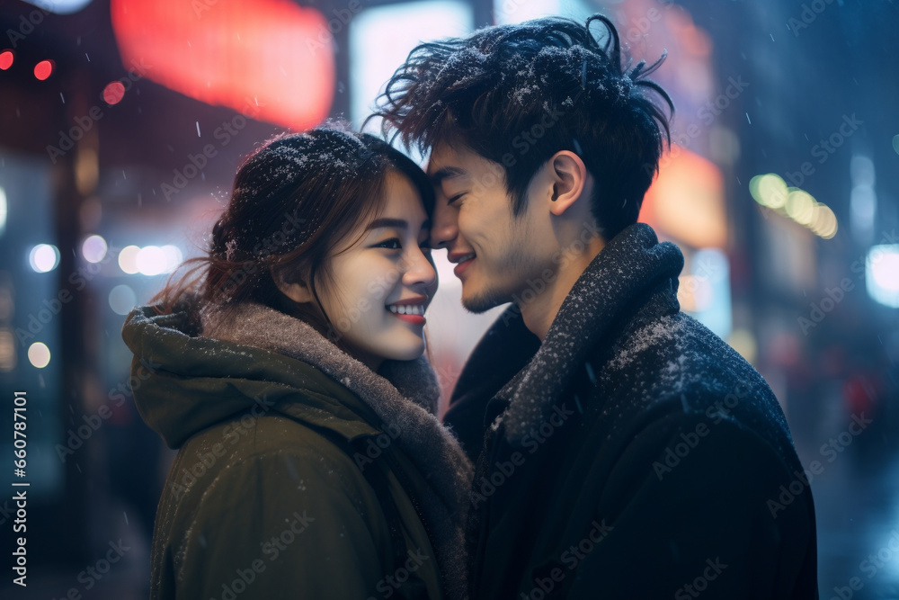 Street style photography portrait of a young Asian loving couple embracing while standing in the city at night with neon lighting background. Travel on Valentine's night with winter day and snowing.