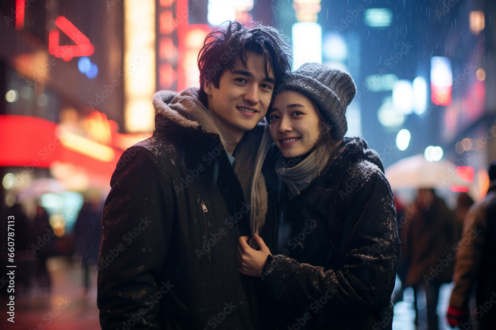 Street style photography portrait of a young Asian loving couple embracing while standing in the city at night with neon lighting background. Travel on Valentine's night with winter day and snowing.