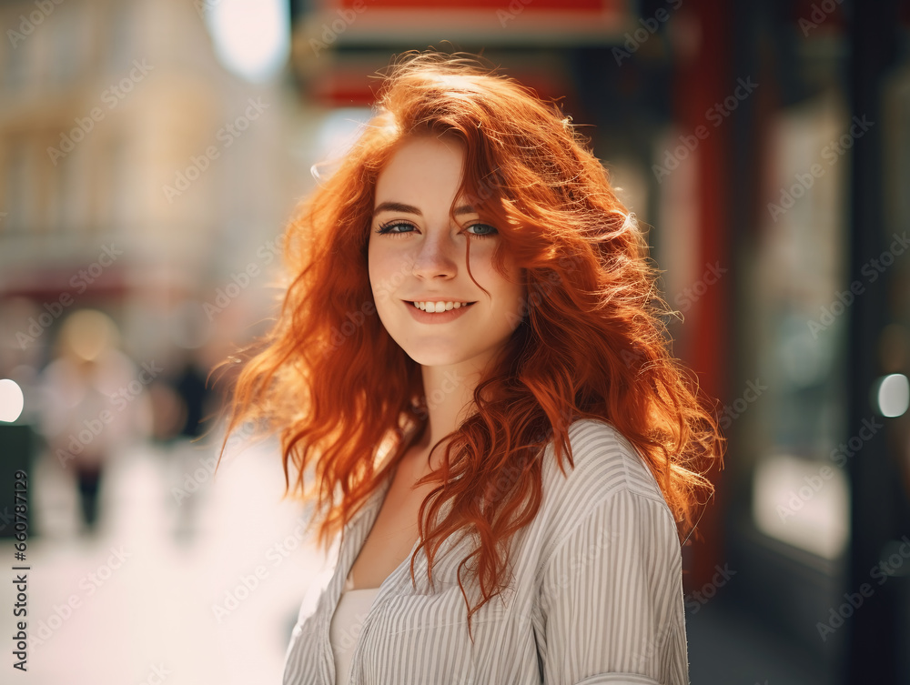 Portrait of beautiful cheerful redhead girl with flying curly hair smiling laughing looking at camera outdoor in summer.