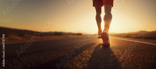 Back view of Young man doing exercise walking and run on country road in the morning with sunrise background. Close Up legs. Concept of health and lifestyle.