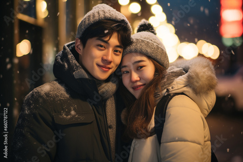 Street style photography portrait of a young Asian loving couple embracing while standing in the city at night with neon lighting background. Travel on Valentine's night with winter day and snowing. photo