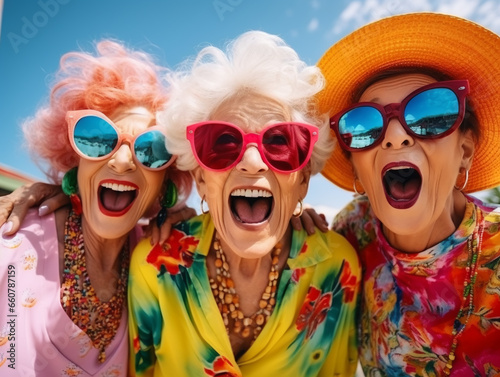 Happy and funny cool old three ladies wearing fashionable bright clothes and sunglasses. Senior women spend active and fun time together. 