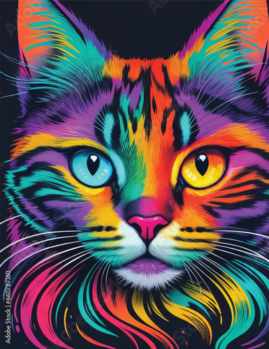 Cat face in colorful neon art design vector illustration. Electric Whiskers: Neon Kitty Brilliance. © jmgdigital