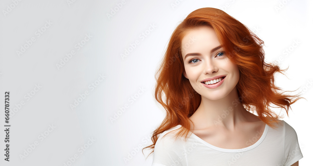 Portrait of beautiful cheerful redhead girl with flying curly hair smiling laughing looking at camera over white background. Portrait of beautiful cheerful redhead girl with flying curly hair smiling laughing looking at camera over white background.