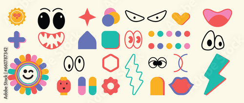 Set of abstract retro geometric shape vector. Collection of contemporary figure, flower, eye, thunderbolt in 70s groovy style. Bauhaus Memphis design element perfect for banner, print, sticker, decor.