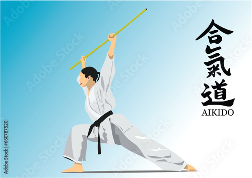 Oriental combat sports. Aikido. Colored 3d vector illustration.