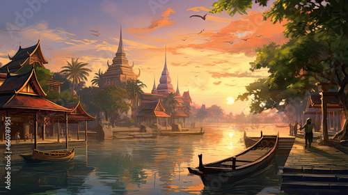 painting style illustration Souteast Asian, Thai style ancient vintage town beside river at sunset time photo