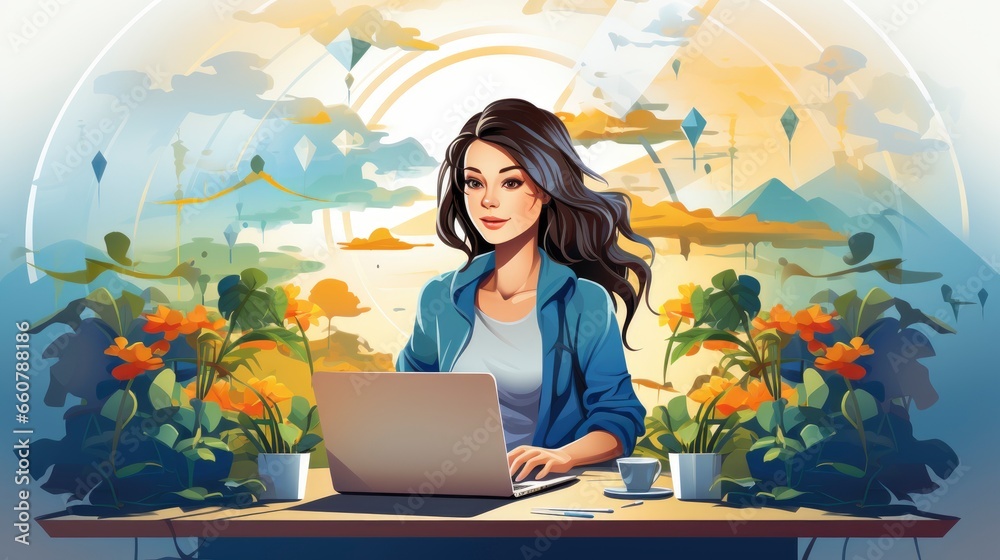 Colorful Woman Video conferencing cartoon, Cartoon Graphic Design, Background HD For Designer