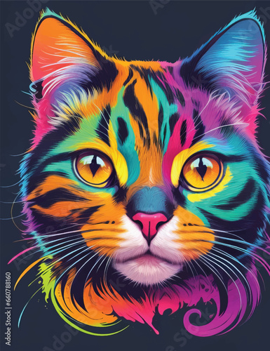 Cat face in colorful neon art design vector illustration. Funky Feline: Neon Palette Cat Face. © jmgdigital