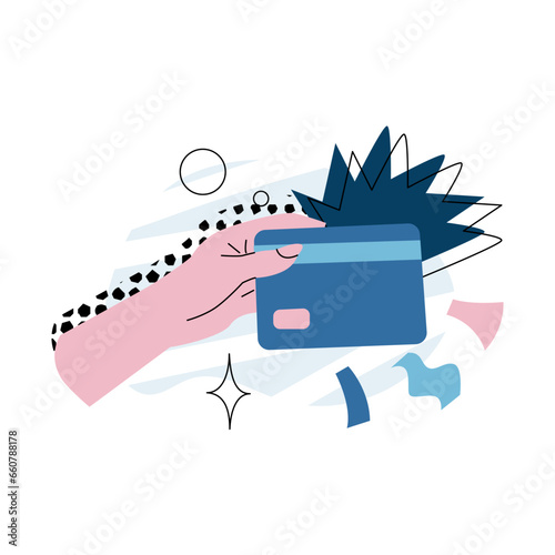 A hand holds a bank card for a purchase. Announcement of final sale, big discounts on goods. Coupon design for a store. Vector illustration in cartoon style isolated on white background.
