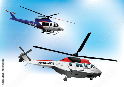 Fototapeta Naklejka Na Ścianę i Meble -  Ambulance and Police Helicopters. Vector 3d illustration